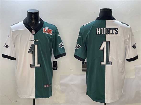 Men's Philadelphia Eagles #1 Jalen Hurts White & Green Split 2025 Super Bowl LIX Patch Vapor Untouchable Limited Stitched Jersey Dzhi,We sell and wholesale Men's Philadelphia Eagles #1 Jalen Hurts White & Green Split 2025 Super Bowl LIX Patch Vapor Untouchable Limited Stitched Jersey Dzhi on line form chian!